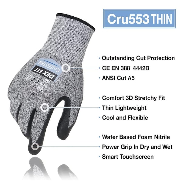 Level 4 Cut Resistant Gloves, Firm Grip, 3D-Comfort Fit, Durable, Lightweight, Gray, Size S 7